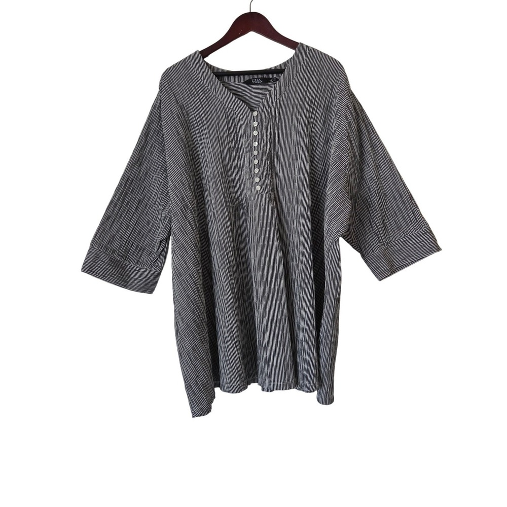 Ulla Popken Textured Stripe Pintuck Blouse Plus 5X 32/34 Black Charcoal White